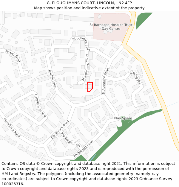 8, PLOUGHMANS COURT, LINCOLN, LN2 4FP: Location map and indicative extent of plot