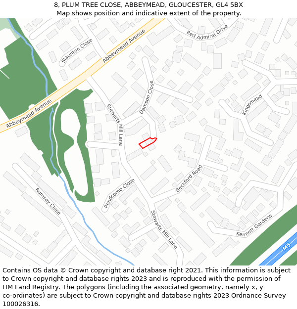 8, PLUM TREE CLOSE, ABBEYMEAD, GLOUCESTER, GL4 5BX: Location map and indicative extent of plot