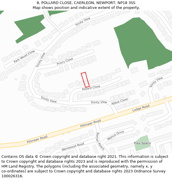8, POLLARD CLOSE, CAERLEON, NEWPORT, NP18 3SS: Location map and indicative extent of plot