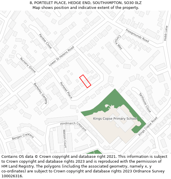 8, PORTELET PLACE, HEDGE END, SOUTHAMPTON, SO30 0LZ: Location map and indicative extent of plot