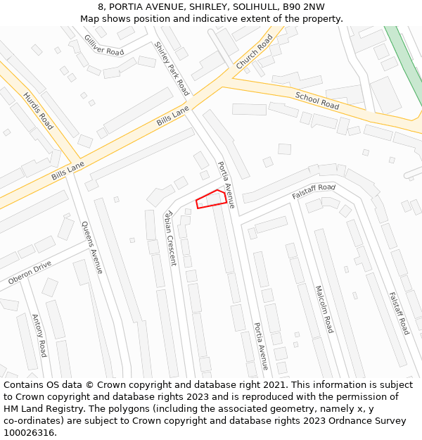 8, PORTIA AVENUE, SHIRLEY, SOLIHULL, B90 2NW: Location map and indicative extent of plot