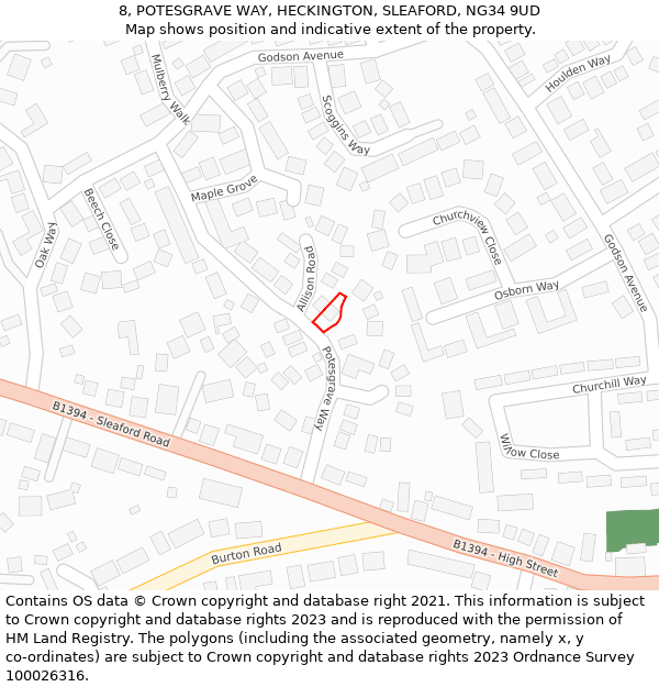 8, POTESGRAVE WAY, HECKINGTON, SLEAFORD, NG34 9UD: Location map and indicative extent of plot