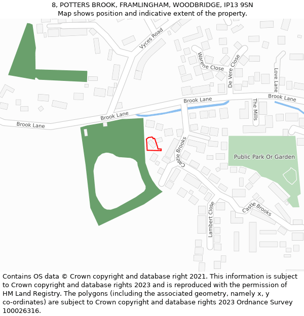 8, POTTERS BROOK, FRAMLINGHAM, WOODBRIDGE, IP13 9SN: Location map and indicative extent of plot