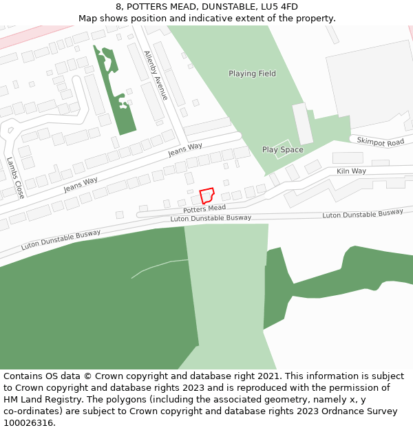 8, POTTERS MEAD, DUNSTABLE, LU5 4FD: Location map and indicative extent of plot