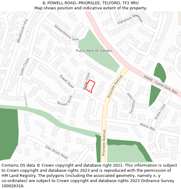 8, POWELL ROAD, PRIORSLEE, TELFORD, TF2 9RU: Location map and indicative extent of plot