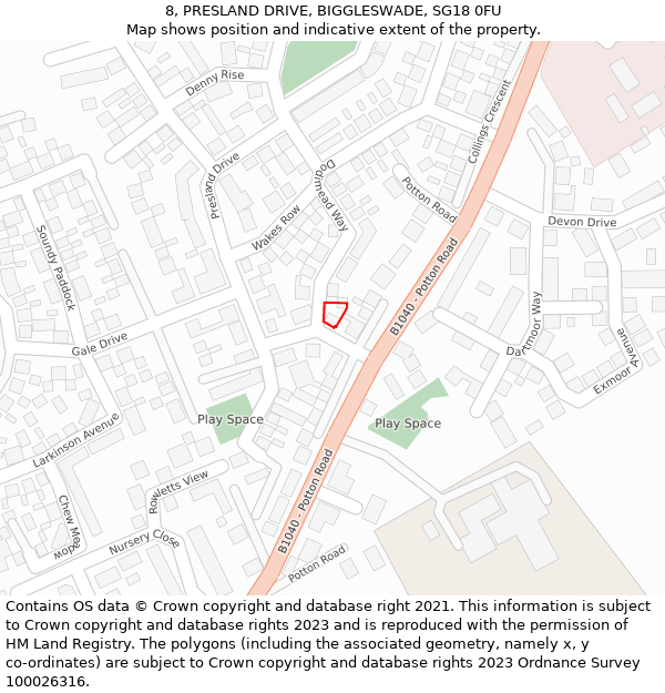 8, PRESLAND DRIVE, BIGGLESWADE, SG18 0FU: Location map and indicative extent of plot