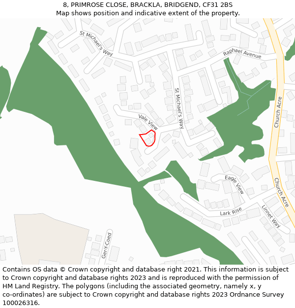 8, PRIMROSE CLOSE, BRACKLA, BRIDGEND, CF31 2BS: Location map and indicative extent of plot
