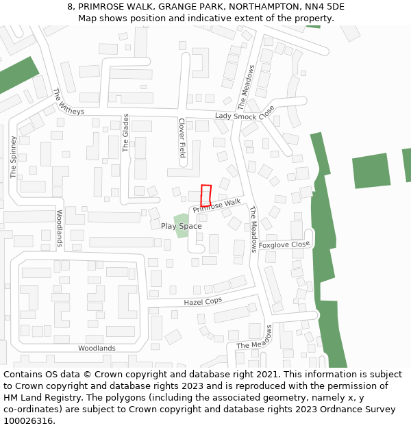 8, PRIMROSE WALK, GRANGE PARK, NORTHAMPTON, NN4 5DE: Location map and indicative extent of plot