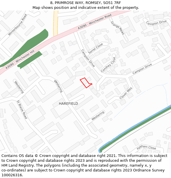 8, PRIMROSE WAY, ROMSEY, SO51 7RF: Location map and indicative extent of plot