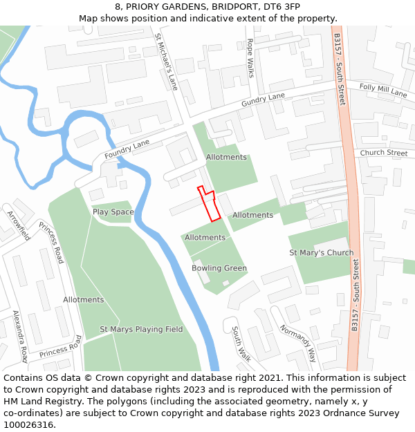 8, PRIORY GARDENS, BRIDPORT, DT6 3FP: Location map and indicative extent of plot