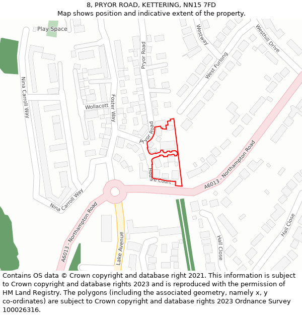 8, PRYOR ROAD, KETTERING, NN15 7FD: Location map and indicative extent of plot