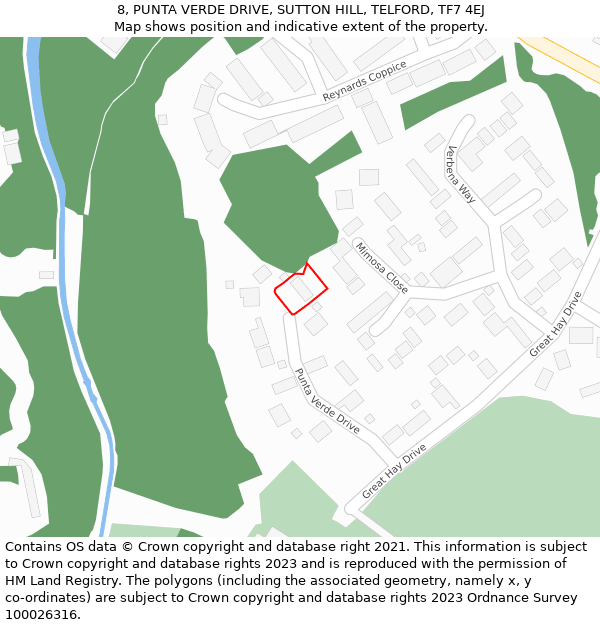 8, PUNTA VERDE DRIVE, SUTTON HILL, TELFORD, TF7 4EJ: Location map and indicative extent of plot