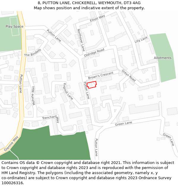 8, PUTTON LANE, CHICKERELL, WEYMOUTH, DT3 4AG: Location map and indicative extent of plot