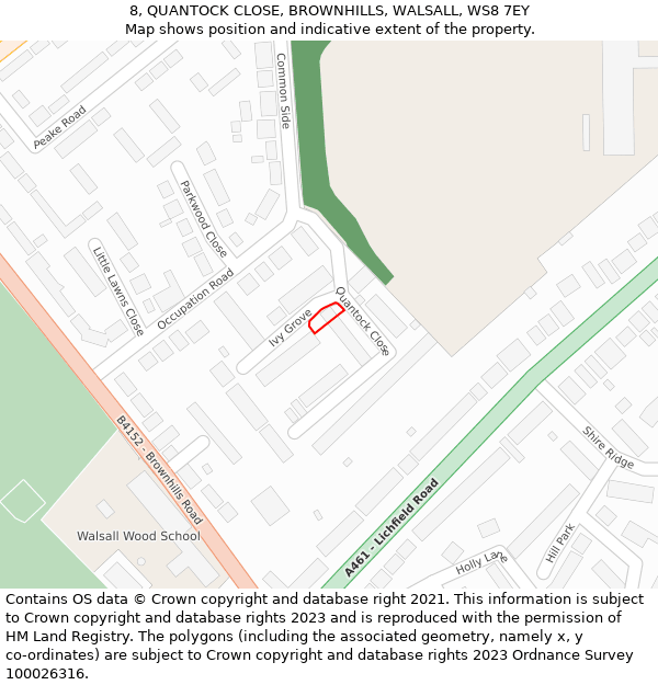 8, QUANTOCK CLOSE, BROWNHILLS, WALSALL, WS8 7EY: Location map and indicative extent of plot