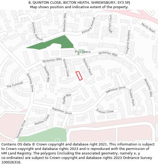 8, QUINTON CLOSE, BICTON HEATH, SHREWSBURY, SY3 5PJ: Location map and indicative extent of plot