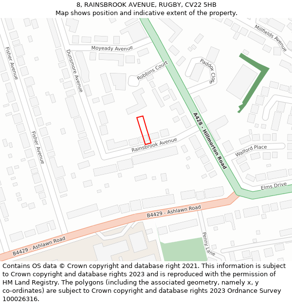 8, RAINSBROOK AVENUE, RUGBY, CV22 5HB: Location map and indicative extent of plot