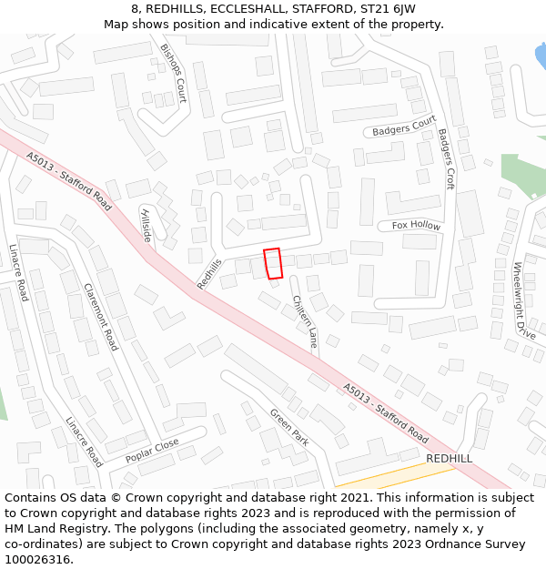 8, REDHILLS, ECCLESHALL, STAFFORD, ST21 6JW: Location map and indicative extent of plot