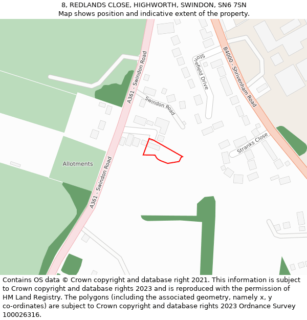 8, REDLANDS CLOSE, HIGHWORTH, SWINDON, SN6 7SN: Location map and indicative extent of plot