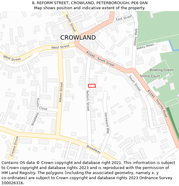8, REFORM STREET, CROWLAND, PETERBOROUGH, PE6 0AN: Location map and indicative extent of plot