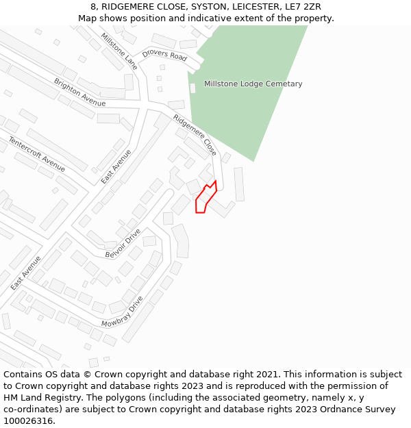 8, RIDGEMERE CLOSE, SYSTON, LEICESTER, LE7 2ZR: Location map and indicative extent of plot