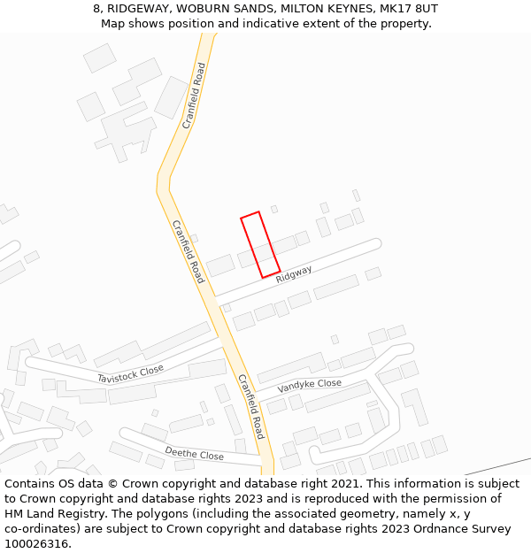 8, RIDGEWAY, WOBURN SANDS, MILTON KEYNES, MK17 8UT: Location map and indicative extent of plot