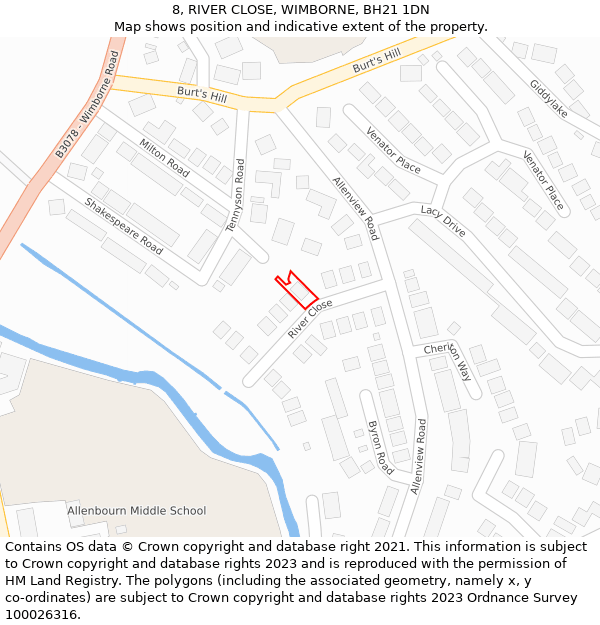 8, RIVER CLOSE, WIMBORNE, BH21 1DN: Location map and indicative extent of plot