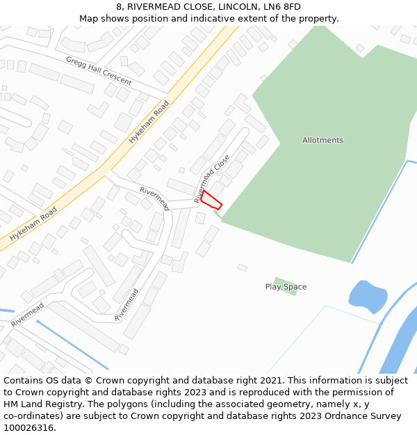 8, RIVERMEAD CLOSE, LINCOLN, LN6 8FD: Location map and indicative extent of plot