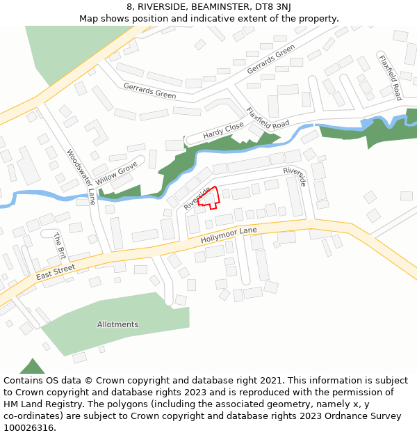 8, RIVERSIDE, BEAMINSTER, DT8 3NJ: Location map and indicative extent of plot