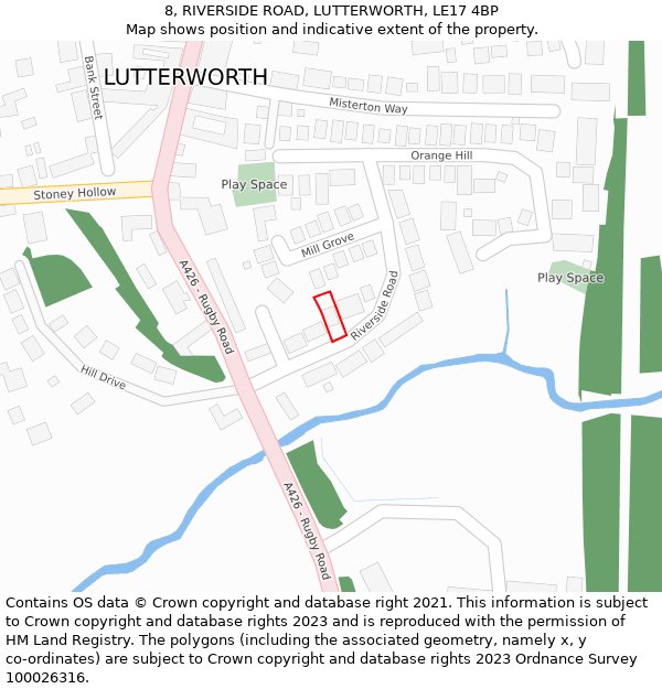8, RIVERSIDE ROAD, LUTTERWORTH, LE17 4BP: Location map and indicative extent of plot