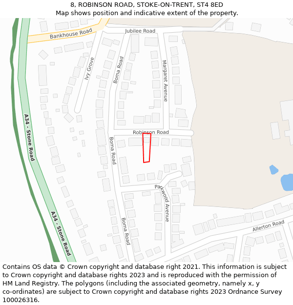 8, ROBINSON ROAD, STOKE-ON-TRENT, ST4 8ED: Location map and indicative extent of plot