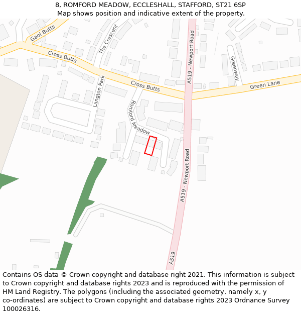 8, ROMFORD MEADOW, ECCLESHALL, STAFFORD, ST21 6SP: Location map and indicative extent of plot