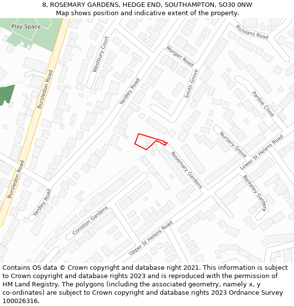 8, ROSEMARY GARDENS, HEDGE END, SOUTHAMPTON, SO30 0NW: Location map and indicative extent of plot