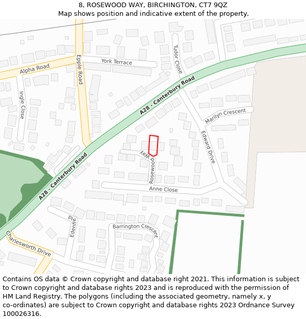 8, ROSEWOOD WAY, BIRCHINGTON, CT7 9QZ: Location map and indicative extent of plot