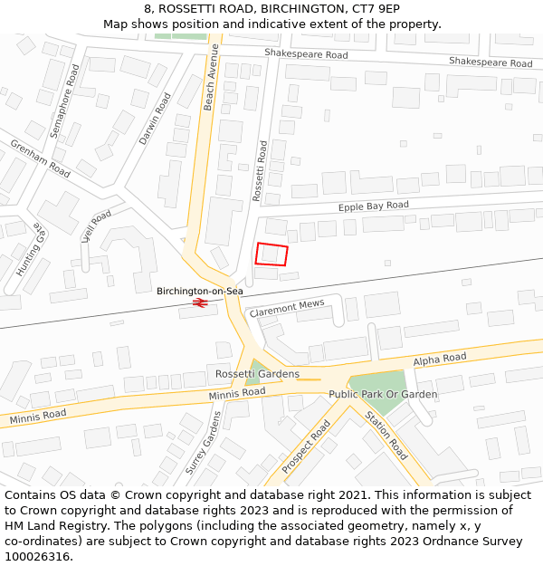 8, ROSSETTI ROAD, BIRCHINGTON, CT7 9EP: Location map and indicative extent of plot