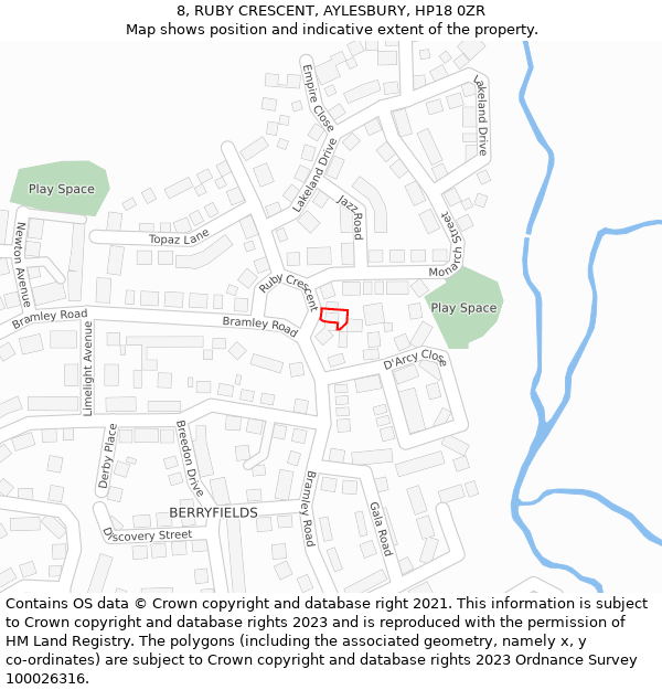 8, RUBY CRESCENT, AYLESBURY, HP18 0ZR: Location map and indicative extent of plot
