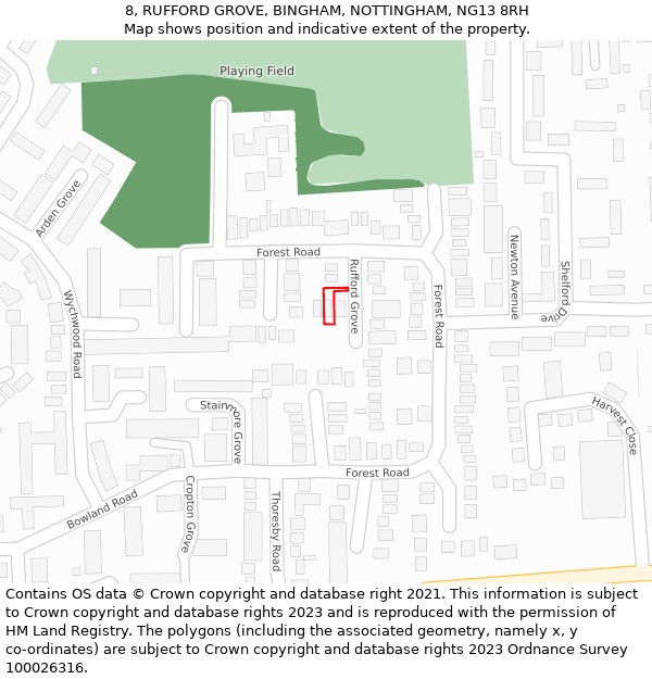 8, RUFFORD GROVE, BINGHAM, NOTTINGHAM, NG13 8RH: Location map and indicative extent of plot