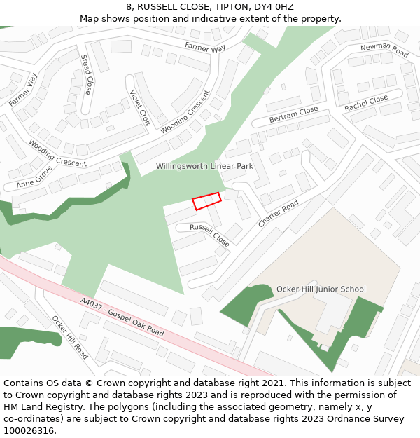 8, RUSSELL CLOSE, TIPTON, DY4 0HZ: Location map and indicative extent of plot