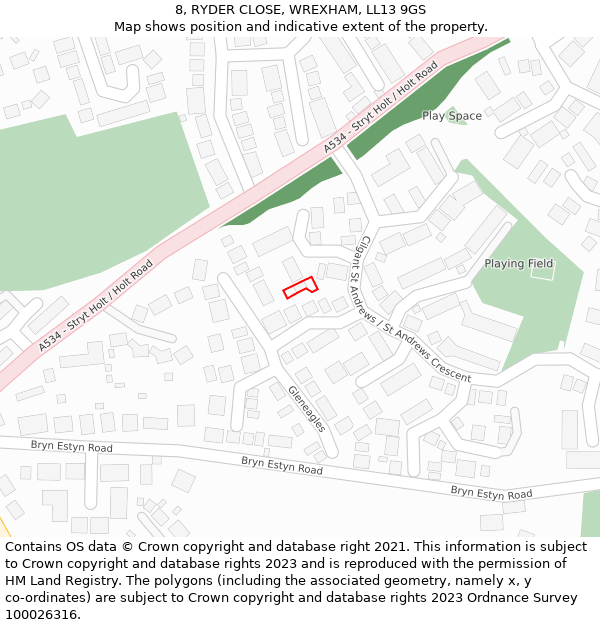 8, RYDER CLOSE, WREXHAM, LL13 9GS: Location map and indicative extent of plot