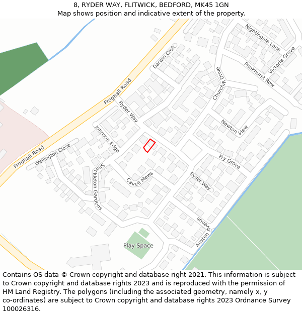 8, RYDER WAY, FLITWICK, BEDFORD, MK45 1GN: Location map and indicative extent of plot