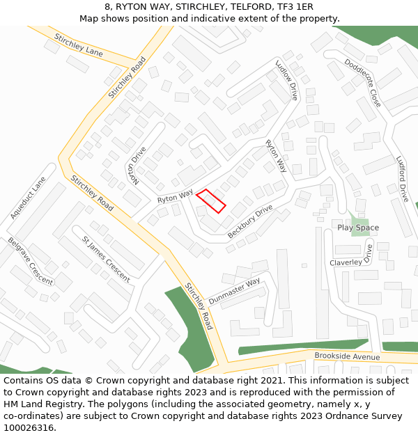 8, RYTON WAY, STIRCHLEY, TELFORD, TF3 1ER: Location map and indicative extent of plot