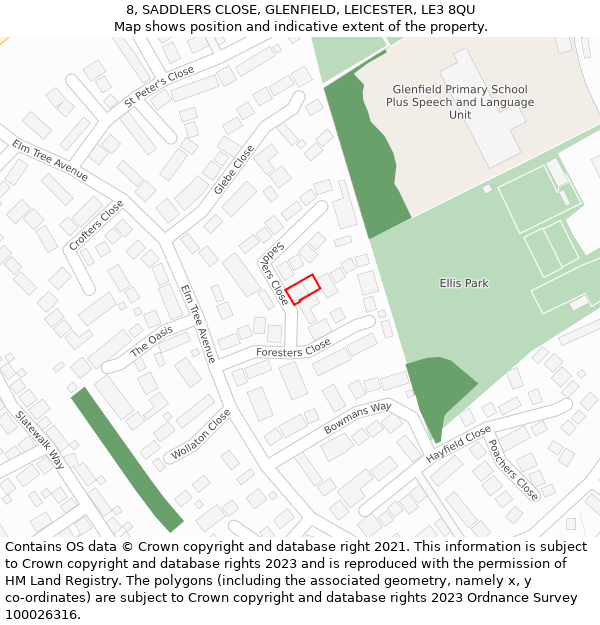 8, SADDLERS CLOSE, GLENFIELD, LEICESTER, LE3 8QU: Location map and indicative extent of plot