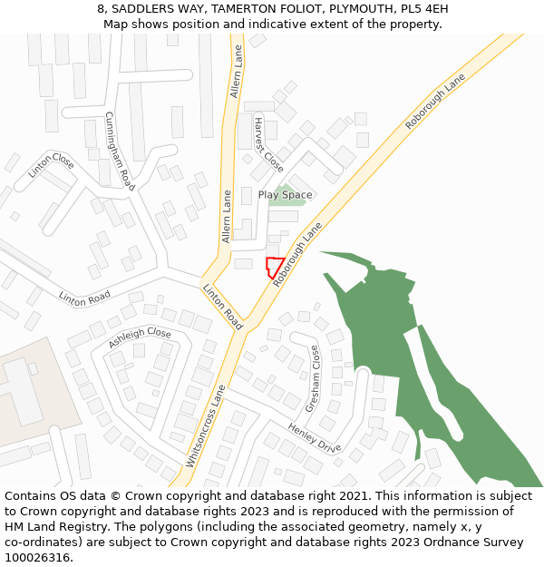 8, SADDLERS WAY, TAMERTON FOLIOT, PLYMOUTH, PL5 4EH: Location map and indicative extent of plot