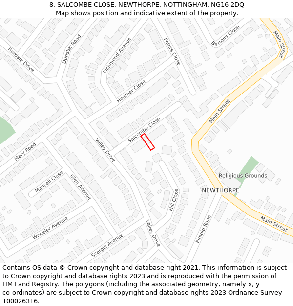 8, SALCOMBE CLOSE, NEWTHORPE, NOTTINGHAM, NG16 2DQ: Location map and indicative extent of plot