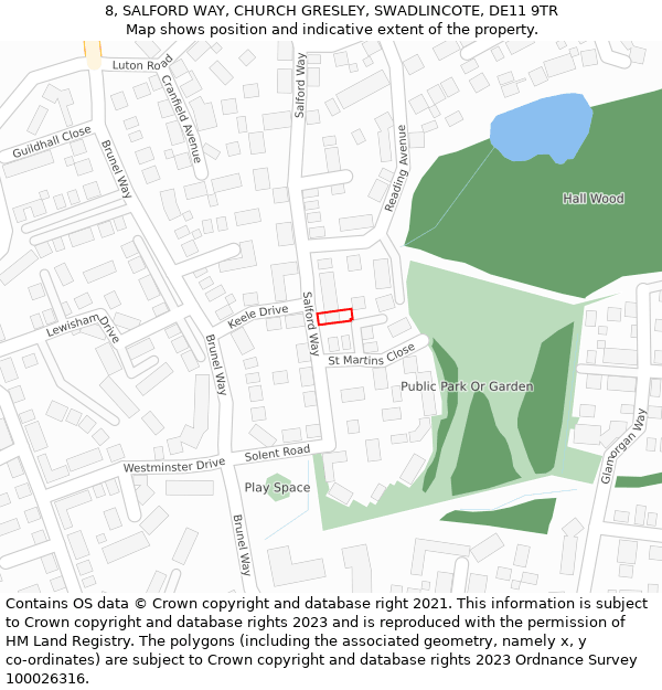 8, SALFORD WAY, CHURCH GRESLEY, SWADLINCOTE, DE11 9TR: Location map and indicative extent of plot