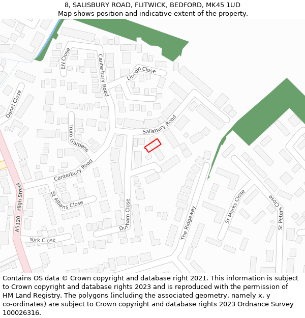 8, SALISBURY ROAD, FLITWICK, BEDFORD, MK45 1UD: Location map and indicative extent of plot