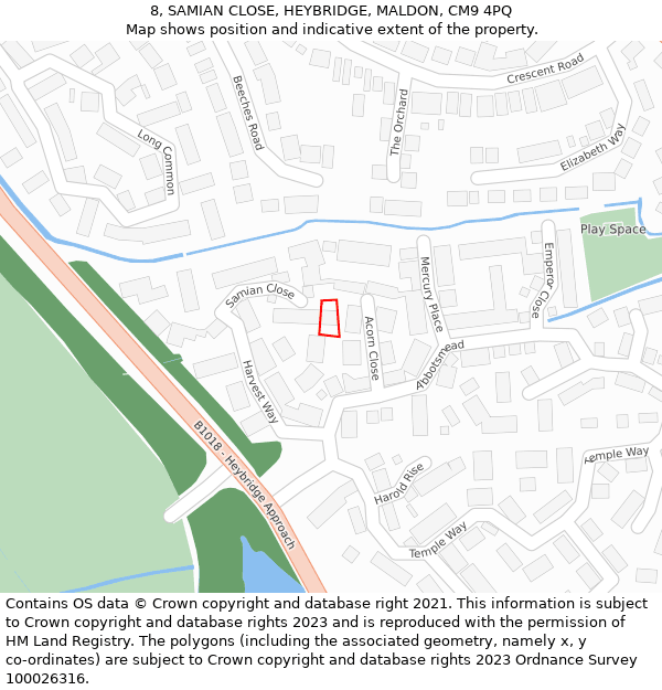 8, SAMIAN CLOSE, HEYBRIDGE, MALDON, CM9 4PQ: Location map and indicative extent of plot