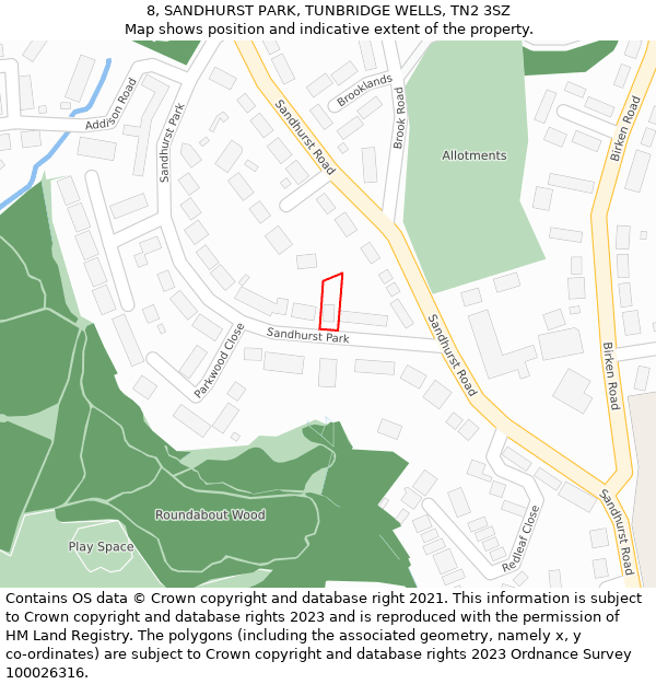 8, SANDHURST PARK, TUNBRIDGE WELLS, TN2 3SZ: Location map and indicative extent of plot