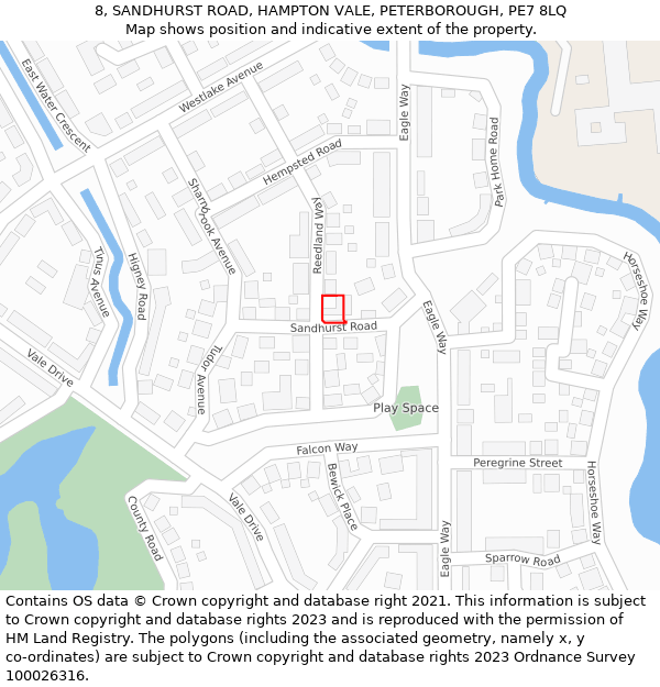 8, SANDHURST ROAD, HAMPTON VALE, PETERBOROUGH, PE7 8LQ: Location map and indicative extent of plot