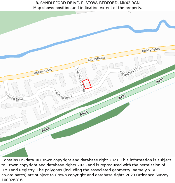 8, SANDLEFORD DRIVE, ELSTOW, BEDFORD, MK42 9GN: Location map and indicative extent of plot