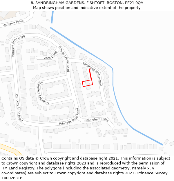 8, SANDRINGHAM GARDENS, FISHTOFT, BOSTON, PE21 9QA: Location map and indicative extent of plot